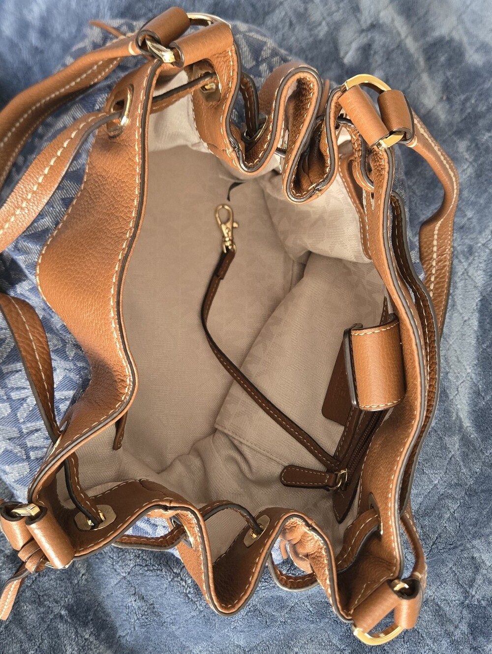 Vintage Michael Kors Denim MK Monogram and Tan Leather Drawstring Shoulder Bag - Picture 8 of 10